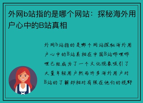 外网b站指的是哪个网站：探秘海外用户心中的B站真相